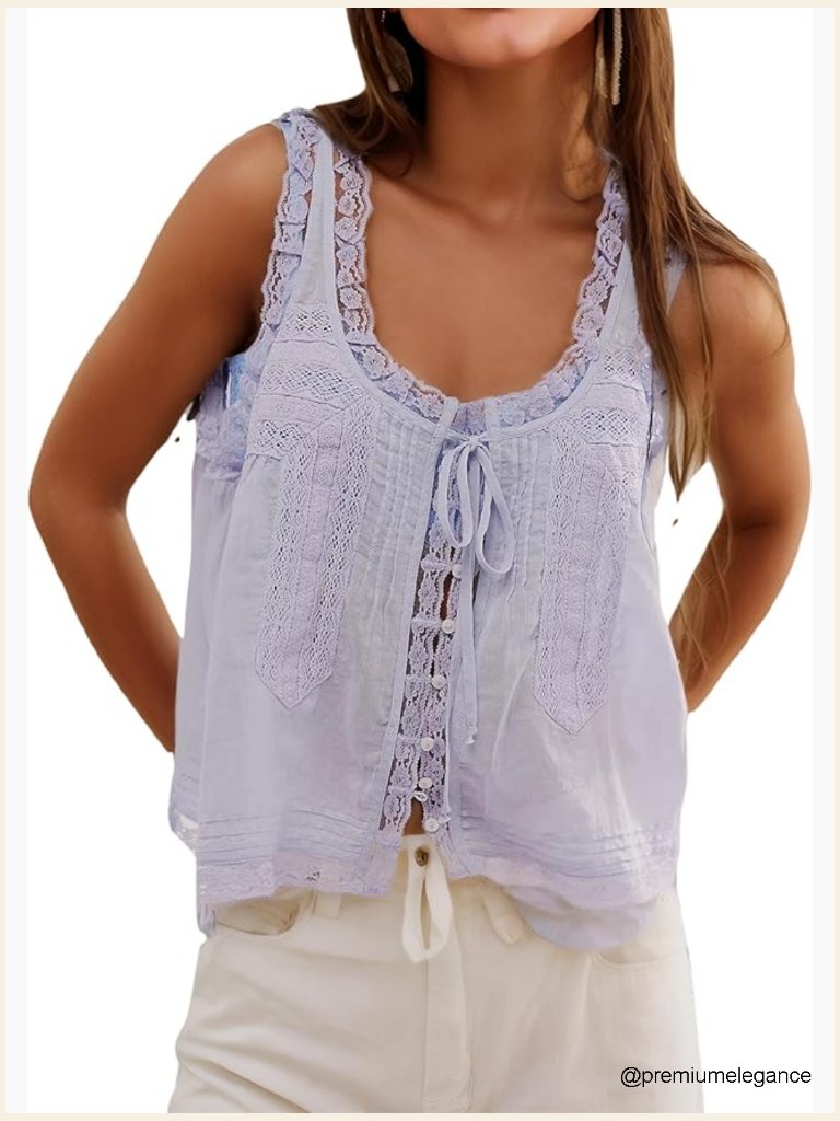 Boho Lace Tie Front Tank Top Sleeveless Crop Cardigan Summer Vacation